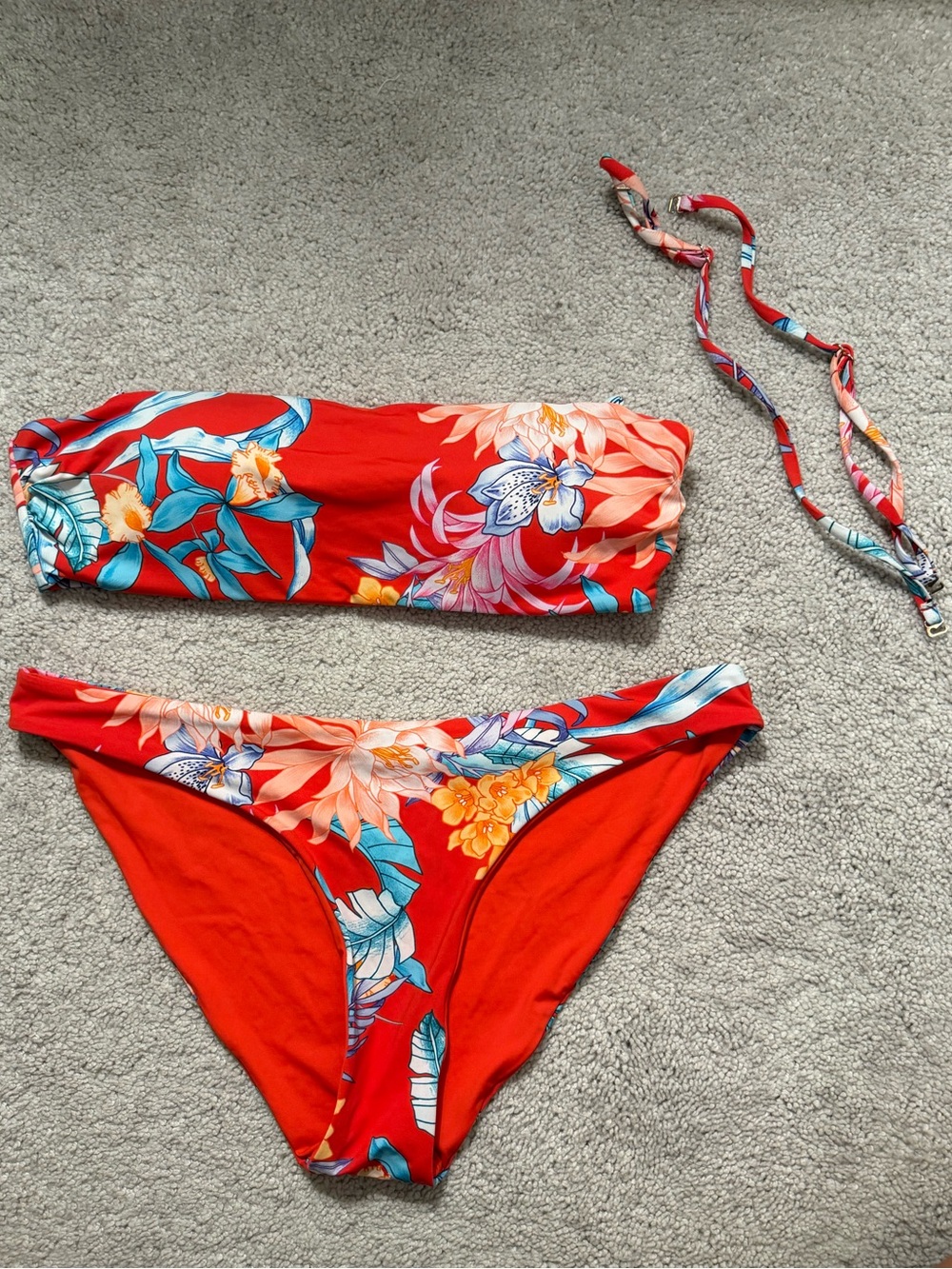 Red Floral Bandeau Bikini Set